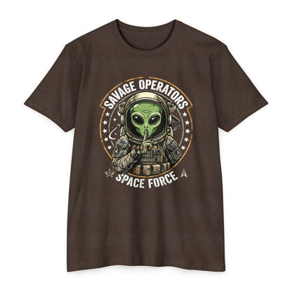 Space Force Alien T-Shirt — "Savage Operators" Military Sci‑Fi Graphic Tee Front Print - Savage Operators Tactical Tee | T-Shirt | Savage Operators Clothing | Patriotic Apparel | Military Humor | High Quality CVC Espresso