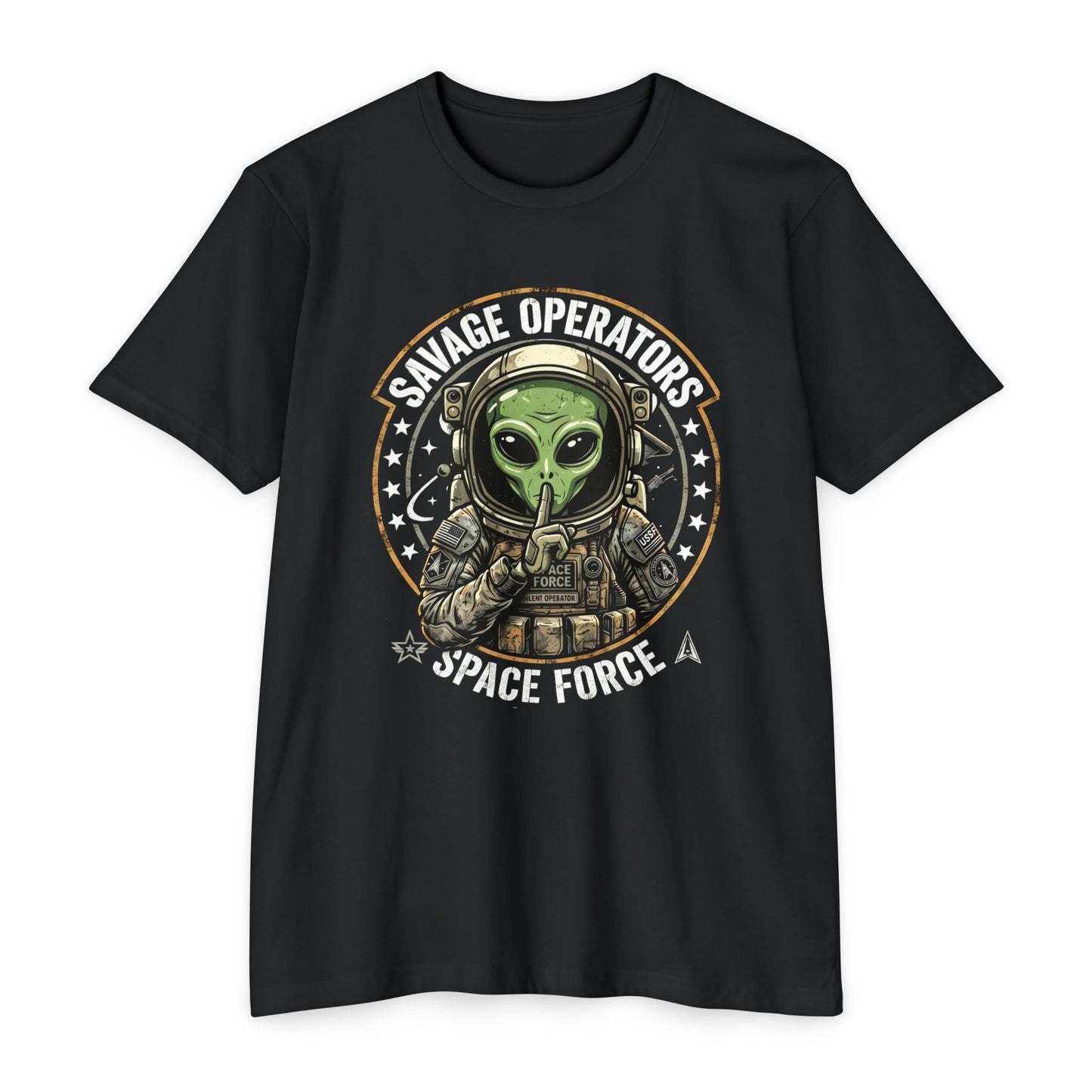 Space Force Alien T-Shirt — "Savage Operators" Military Sci‑Fi Graphic Tee Front Print - Savage Operators Tactical Tee | T-Shirt | Savage Operators Clothing | Patriotic Apparel | Military Humor | High Quality CVC Black
