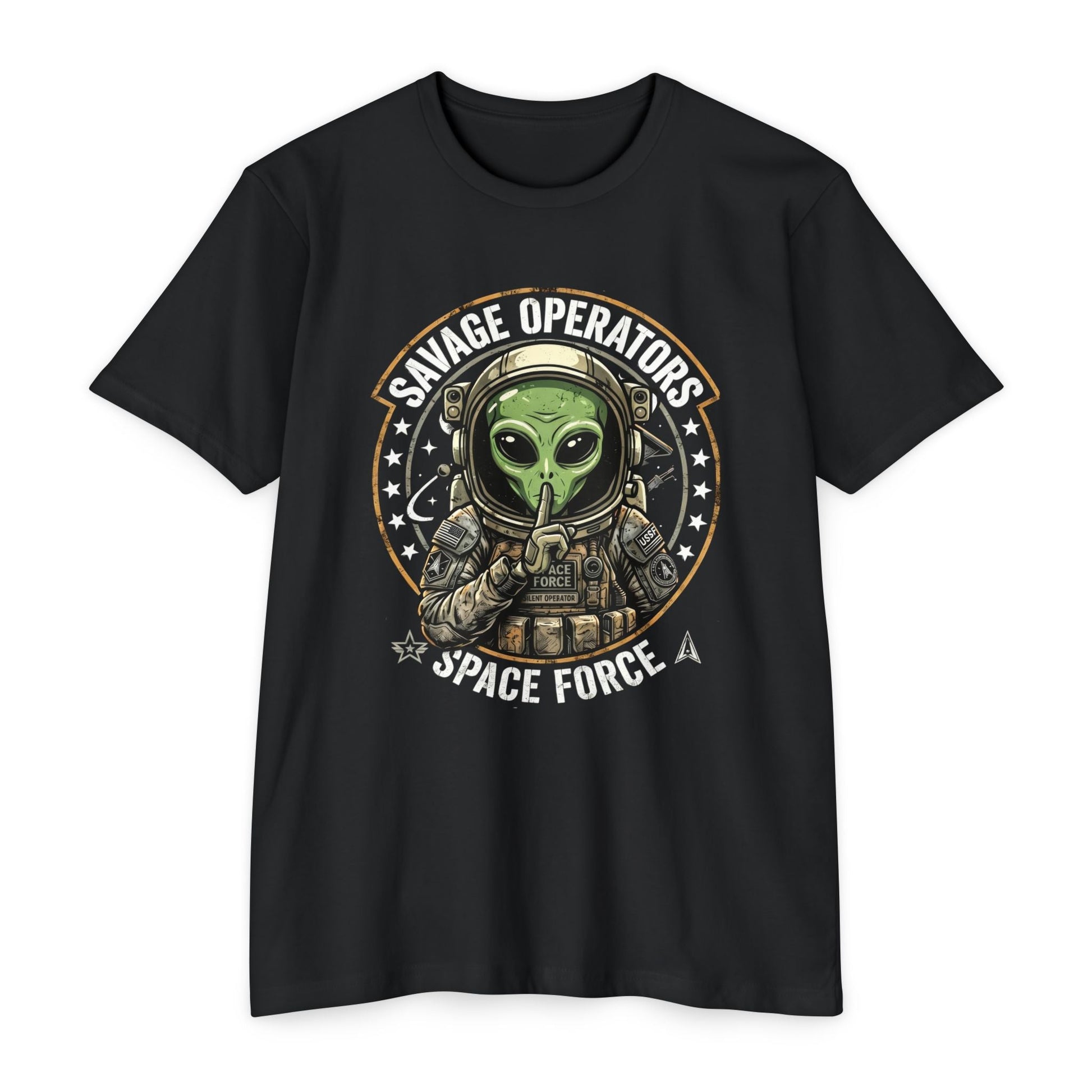 Space Force Alien T-Shirt — "Savage Operators" Military Sci‑Fi Graphic Tee Front Print - Savage Operators Tactical Tee | T-Shirt | Savage Operators Clothing | Patriotic Apparel | Military Humor | High Quality CVC Black