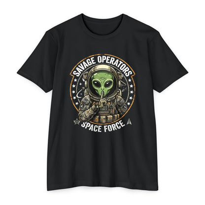 Space Force Alien T-Shirt — "Savage Operators" Military Sci‑Fi Graphic Tee Front Print - Savage Operators Tactical Tee | T-Shirt | Savage Operators Clothing | Patriotic Apparel | Military Humor | High Quality CVC Black