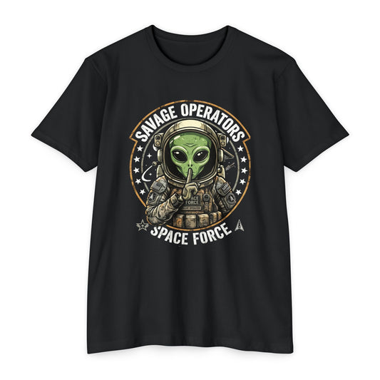 Space Force Alien T-Shirt — "Savage Operators" Military Sci‑Fi Graphic Tee Front Print - Savage Operators Tactical Tee | T-Shirt | Savage Operators Clothing | Patriotic Apparel | Military Humor | High Quality CVC Black