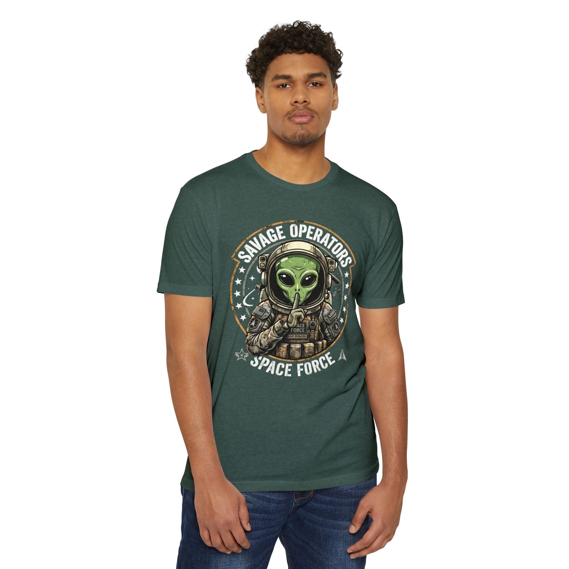 Space Force Alien T-Shirt — "Savage Operators" Military Sci‑Fi Graphic Tee Front Print - Savage Operators Tactical Tee | T-Shirt | Savage Operators Clothing | Patriotic Apparel | Military Humor | High Quality Heather Forest Green
