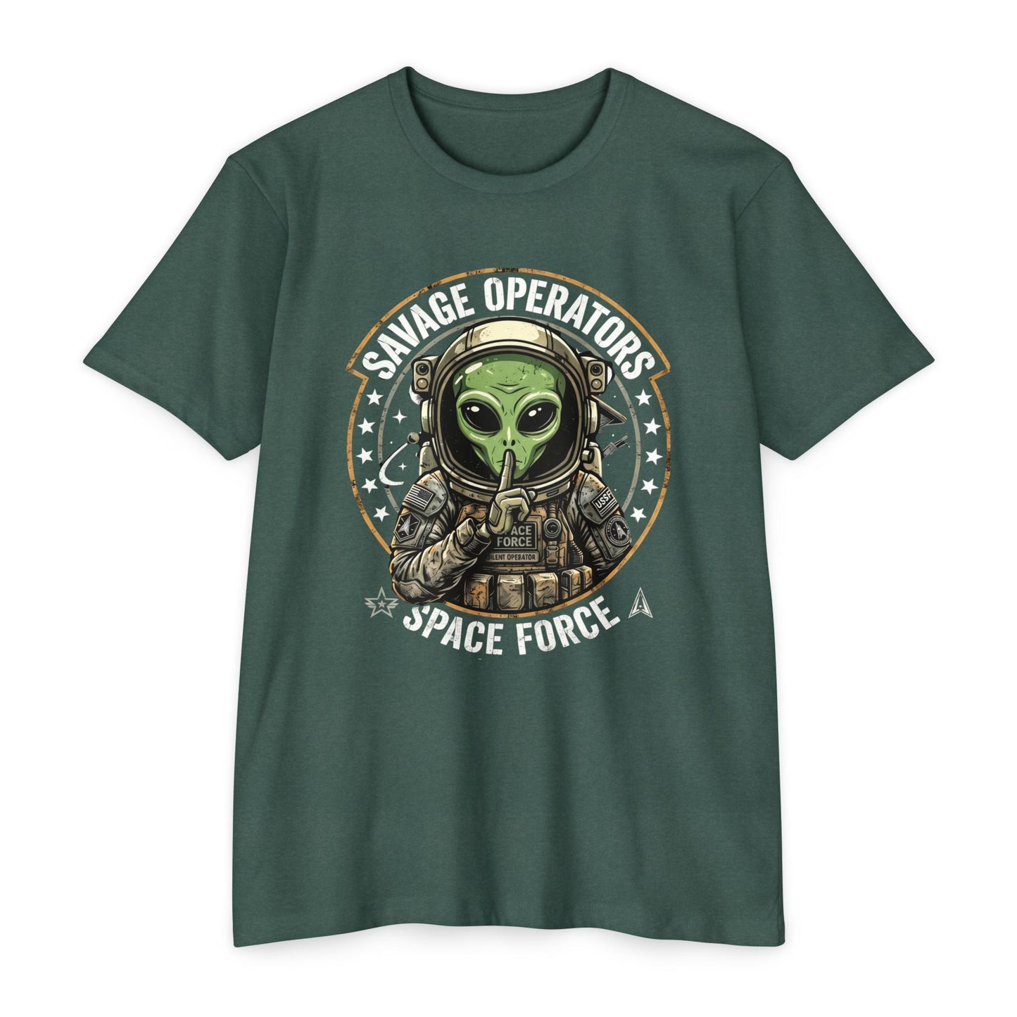 Space Force Alien T-Shirt — "Savage Operators" Military Sci‑Fi Graphic Tee Front Print - Savage Operators Tactical Tee | T-Shirt | Savage Operators Clothing | Patriotic Apparel | Military Humor | High Quality Heather Forest Green