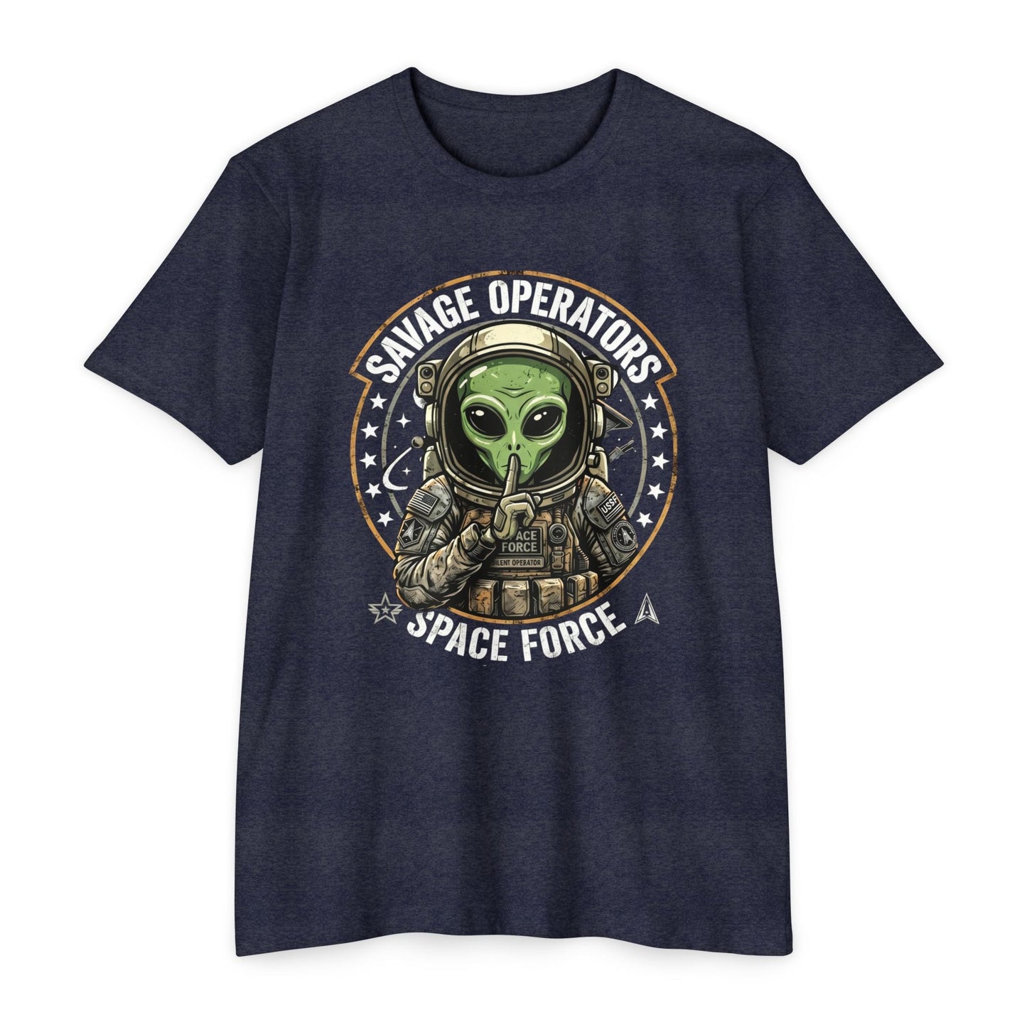Space Force Alien T-Shirt — "Savage Operators" Military Sci‑Fi Graphic Tee Front Print - Savage Operators Tactical Tee | T-Shirt | Savage Operators Clothing | Patriotic Apparel | Military Humor | High Quality CVC Midnight Navy