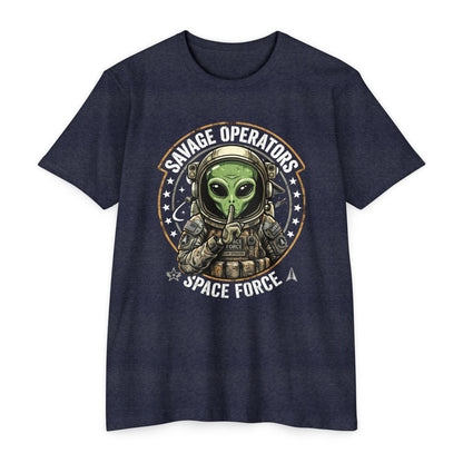 Space Force Alien T-Shirt — "Savage Operators" Military Sci‑Fi Graphic Tee Front Print - Savage Operators Tactical Tee | T-Shirt | Savage Operators Clothing | Patriotic Apparel | Military Humor | High Quality CVC Midnight Navy