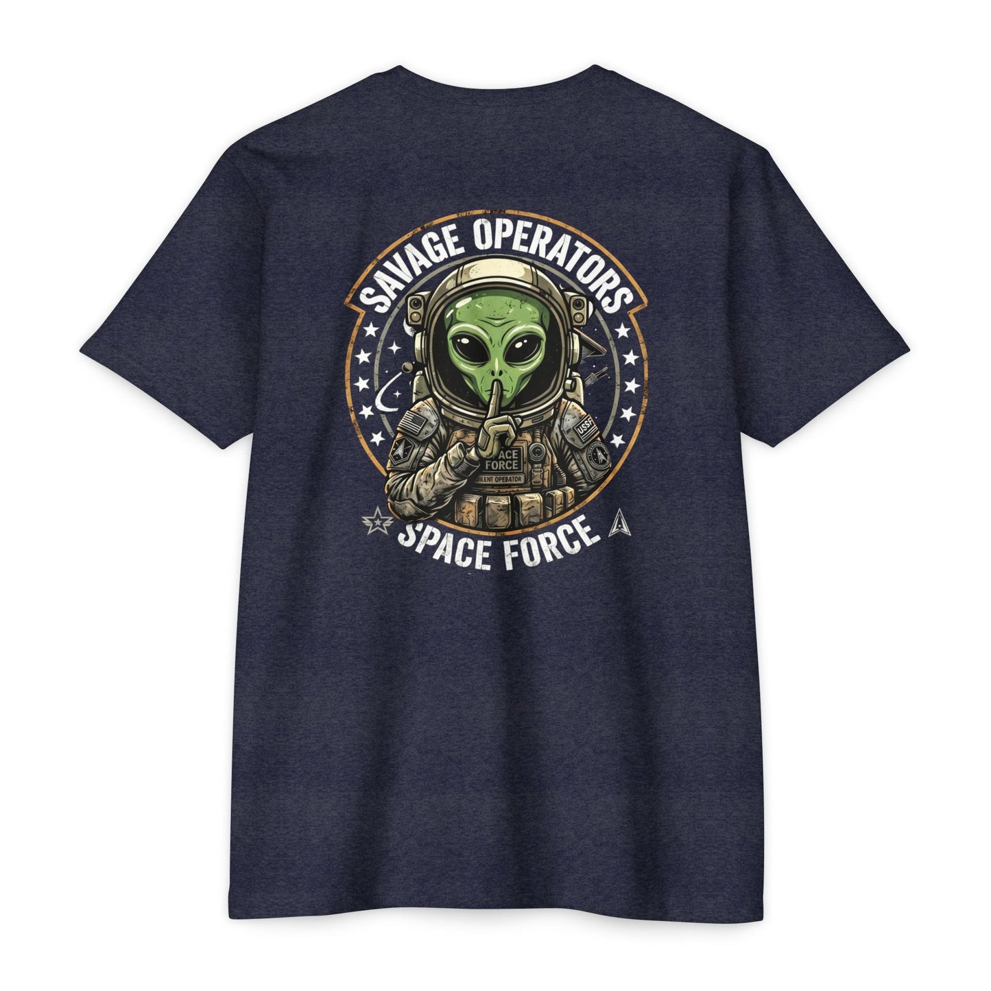Space Force T-Shirt — "Savage Operators" Alien Military Graphic Tee Back Print - Savage Operators Tactical Tee | T-Shirt | Savage Operators Clothing | Patriotic Apparel | Military Humor | High Quality Heather Forest Green