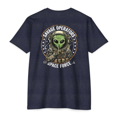 Space Force T-Shirt — "Savage Operators" Alien Military Graphic Tee Back Print - Savage Operators Tactical Tee | T-Shirt | Savage Operators Clothing | Patriotic Apparel | Military Humor | High Quality Heather Forest Green
