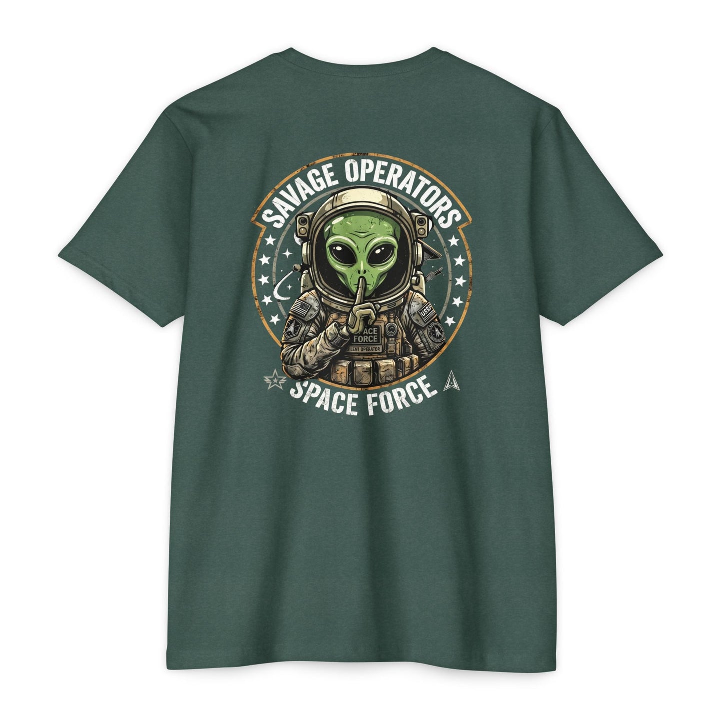 Space Force T-Shirt — "Savage Operators" Alien Military Graphic Tee Back Print - Savage Operators Tactical Tee | T-Shirt | Savage Operators Clothing | Patriotic Apparel | Military Humor | High Quality Heather Forest Green