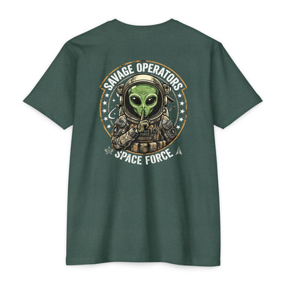 Space Force T-Shirt — "Savage Operators" Alien Military Graphic Tee Back Print - Savage Operators Tactical Tee | T-Shirt | Savage Operators Clothing | Patriotic Apparel | Military Humor | High Quality Heather Forest Green
