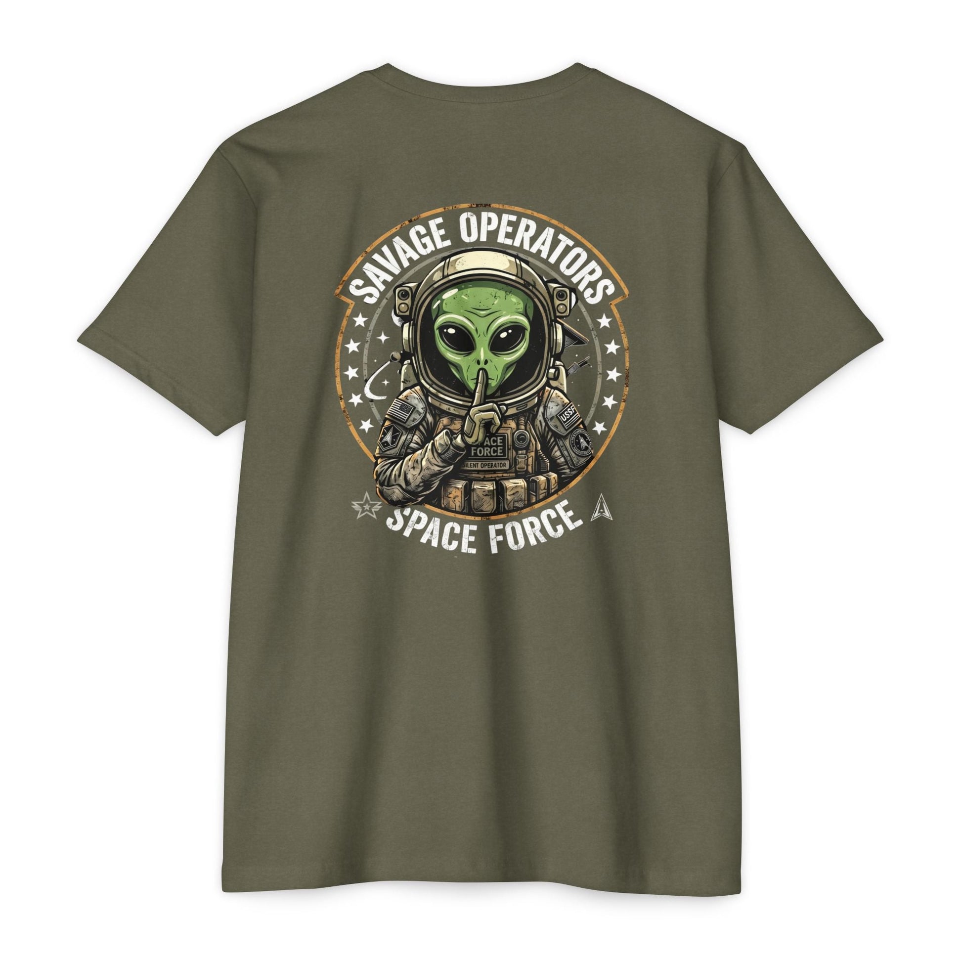 Space Force T-Shirt — "Savage Operators" Alien Military Graphic Tee Back Print - Savage Operators Tactical Tee | T-Shirt | Savage Operators Clothing | Patriotic Apparel | Military Humor | High Quality Heather Forest Green
