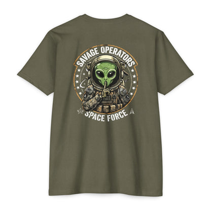 Space Force T-Shirt — "Savage Operators" Alien Military Graphic Tee Back Print - Savage Operators Tactical Tee | T-Shirt | Savage Operators Clothing | Patriotic Apparel | Military Humor | High Quality Heather Forest Green