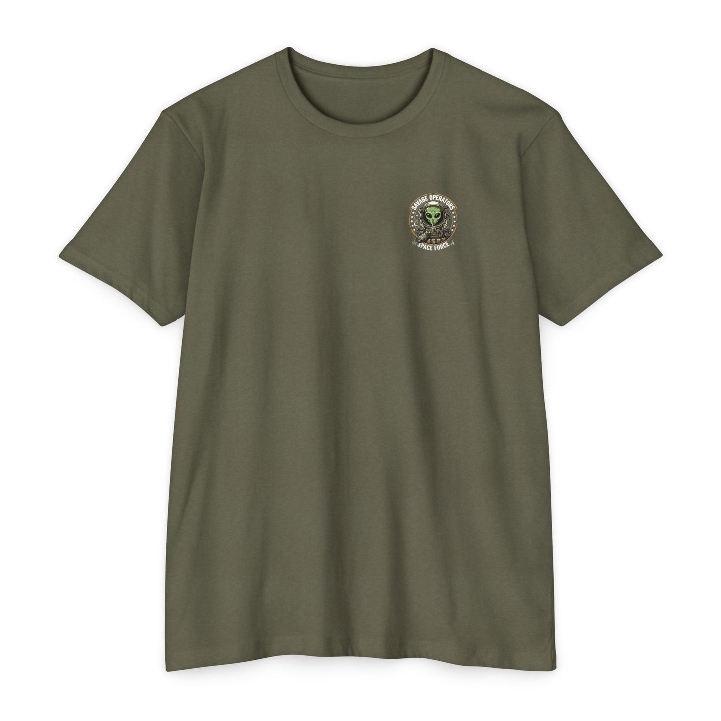 Space Force T-Shirt — "Savage Operators" Alien Military Graphic Tee Back Print - Savage Operators Tactical Tee | T-Shirt | Savage Operators Clothing | Patriotic Apparel | Military Humor | High Quality CVC Military Green