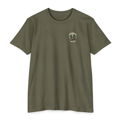 Space Force T-Shirt — "Savage Operators" Alien Military Graphic Tee Back Print - Savage Operators Tactical Tee | T-Shirt | Savage Operators Clothing | Patriotic Apparel | Military Humor | High Quality CVC Military Green