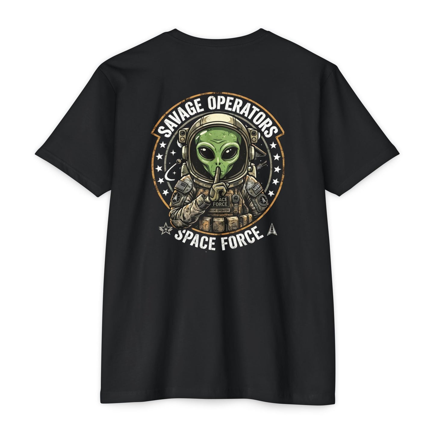 Space Force T-Shirt — "Savage Operators" Alien Military Graphic Tee Back Print - Savage Operators Tactical Tee | T-Shirt | Savage Operators Clothing | Patriotic Apparel | Military Humor | High Quality CVC Black
