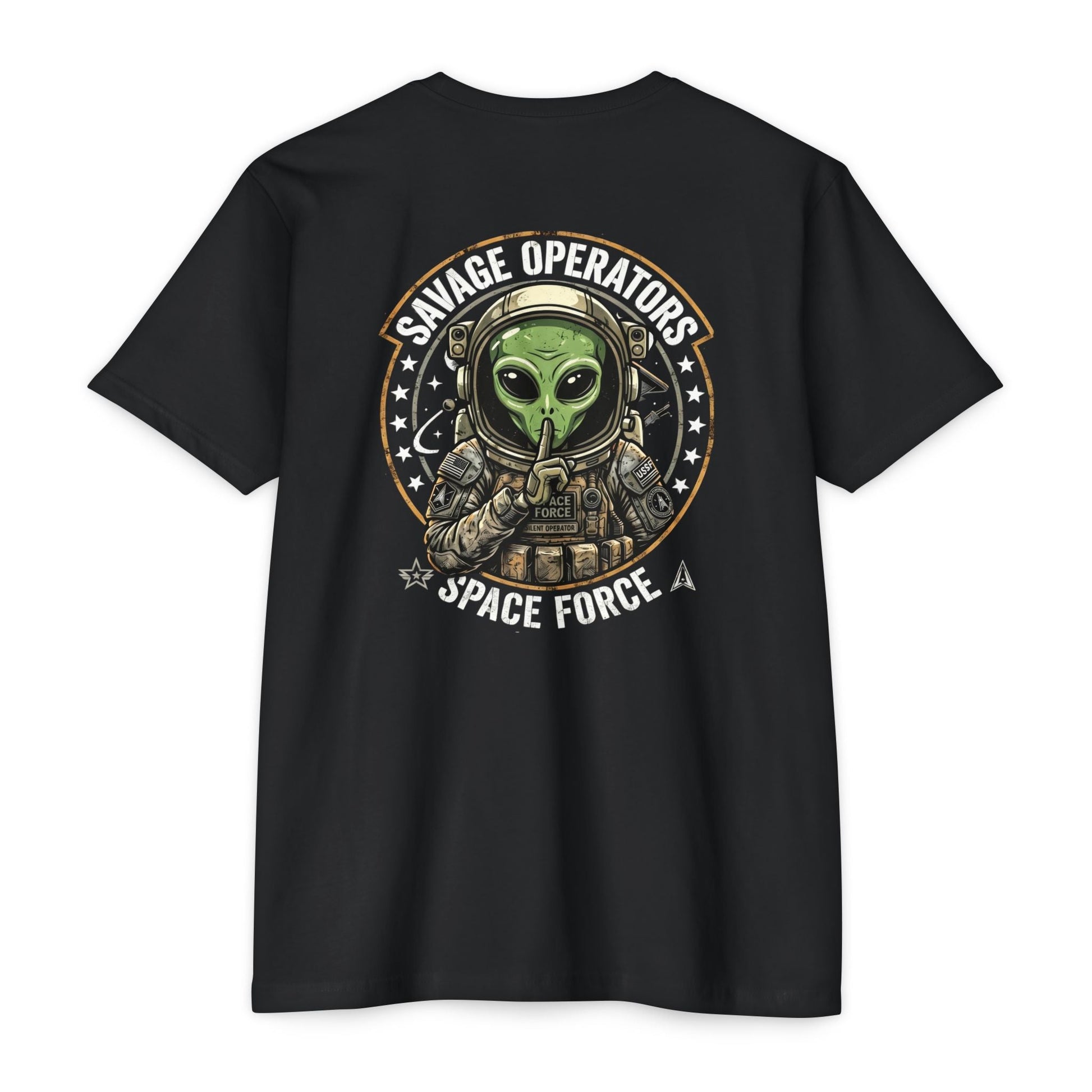 Space Force T-Shirt — "Savage Operators" Alien Military Graphic Tee Back Print - Savage Operators Tactical Tee | T-Shirt | Savage Operators Clothing | Patriotic Apparel | Military Humor | High Quality CVC Black