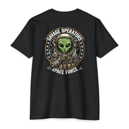 Space Force T-Shirt — "Savage Operators" Alien Military Graphic Tee Back Print - Savage Operators Tactical Tee | T-Shirt | Savage Operators Clothing | Patriotic Apparel | Military Humor | High Quality CVC Black