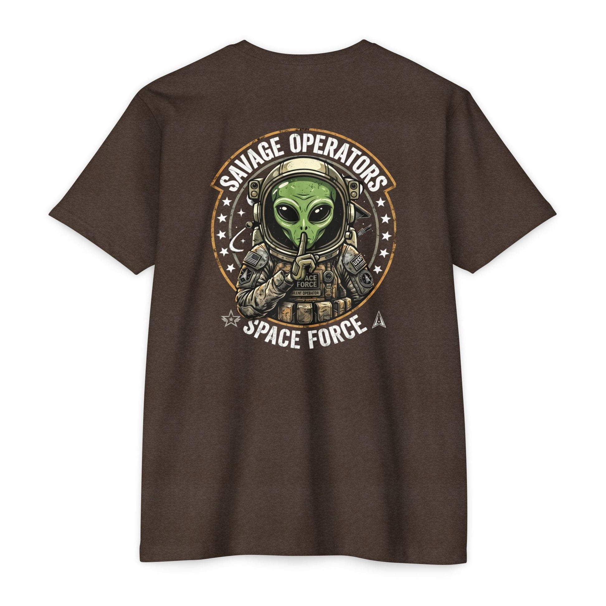 Space Force T-Shirt — "Savage Operators" Alien Military Graphic Tee Back Print - Savage Operators Tactical Tee | T-Shirt | Savage Operators Clothing | Patriotic Apparel | Military Humor | High Quality Heather Forest Green