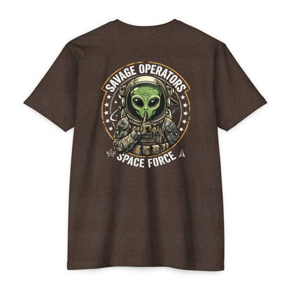 Space Force T-Shirt — "Savage Operators" Alien Military Graphic Tee Back Print - Savage Operators Tactical Tee | T-Shirt | Savage Operators Clothing | Patriotic Apparel | Military Humor | High Quality Heather Forest Green