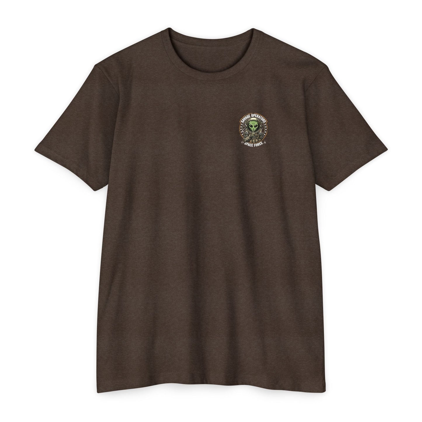 Space Force T-Shirt — "Savage Operators" Alien Military Graphic Tee Back Print - Savage Operators Tactical Tee | T-Shirt | Savage Operators Clothing | Patriotic Apparel | Military Humor | High Quality CVC Espresso