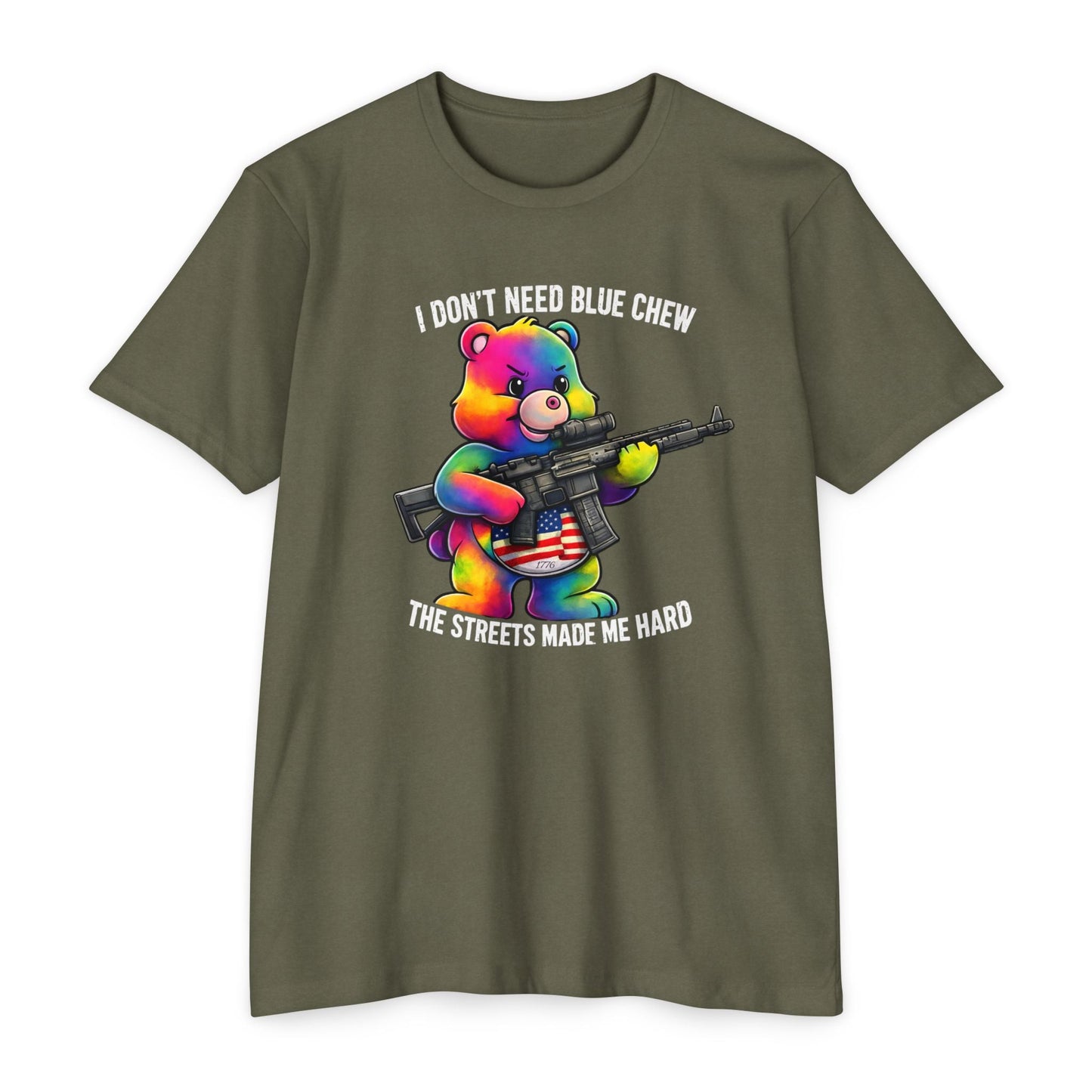 Streets Made Me Hard Bear Rifle Tactical Humor Tee - Front Print - Savage Operators Tactical Tee | T-Shirt | Savage Operators Clothing | Patriotic Apparel | Military Humor | High Quality CVC Military Green