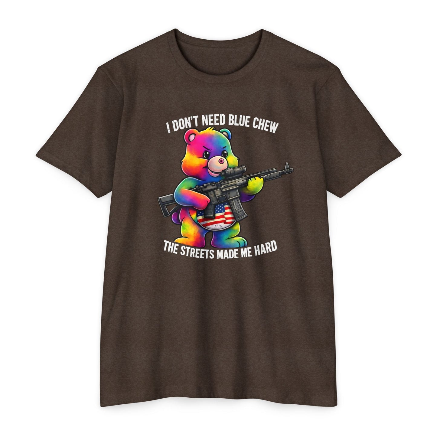 Streets Made Me Hard Bear Rifle Tactical Humor Tee - Front Print - Savage Operators Tactical Tee | T-Shirt | Savage Operators Clothing | Patriotic Apparel | Military Humor | High Quality CVC Espresso