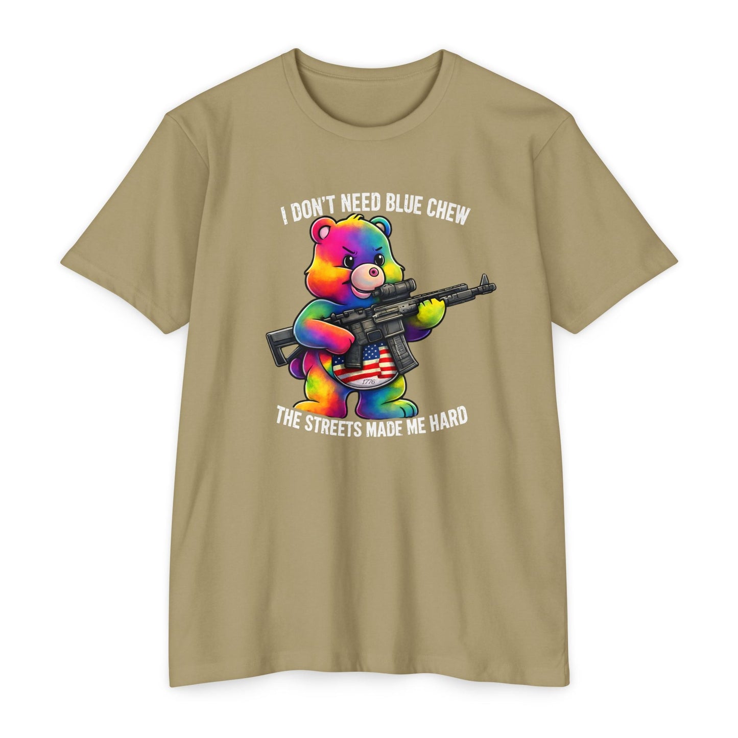 Streets Made Me Hard Bear Rifle Tactical Humor Tee - Front Print - Savage Operators Tactical Tee | T-Shirt | Savage Operators Clothing | Patriotic Apparel | Military Humor | High Quality CVC Light Olive
