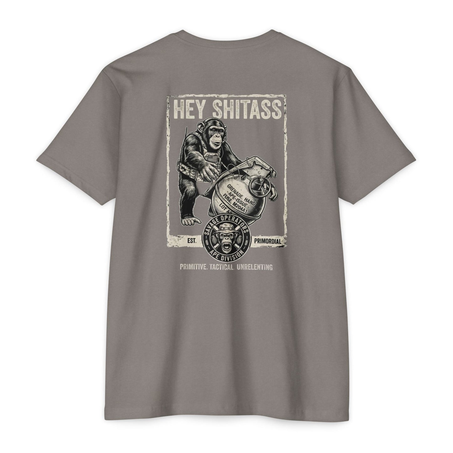 Tactical Ape Grenade Shirt – Savage Operators Back Print Graphic Tee - Savage Operators Tactical Tee | T-Shirt | Savage Operators Clothing | Patriotic Apparel | Military Humor | High Quality CVC Stone Gray