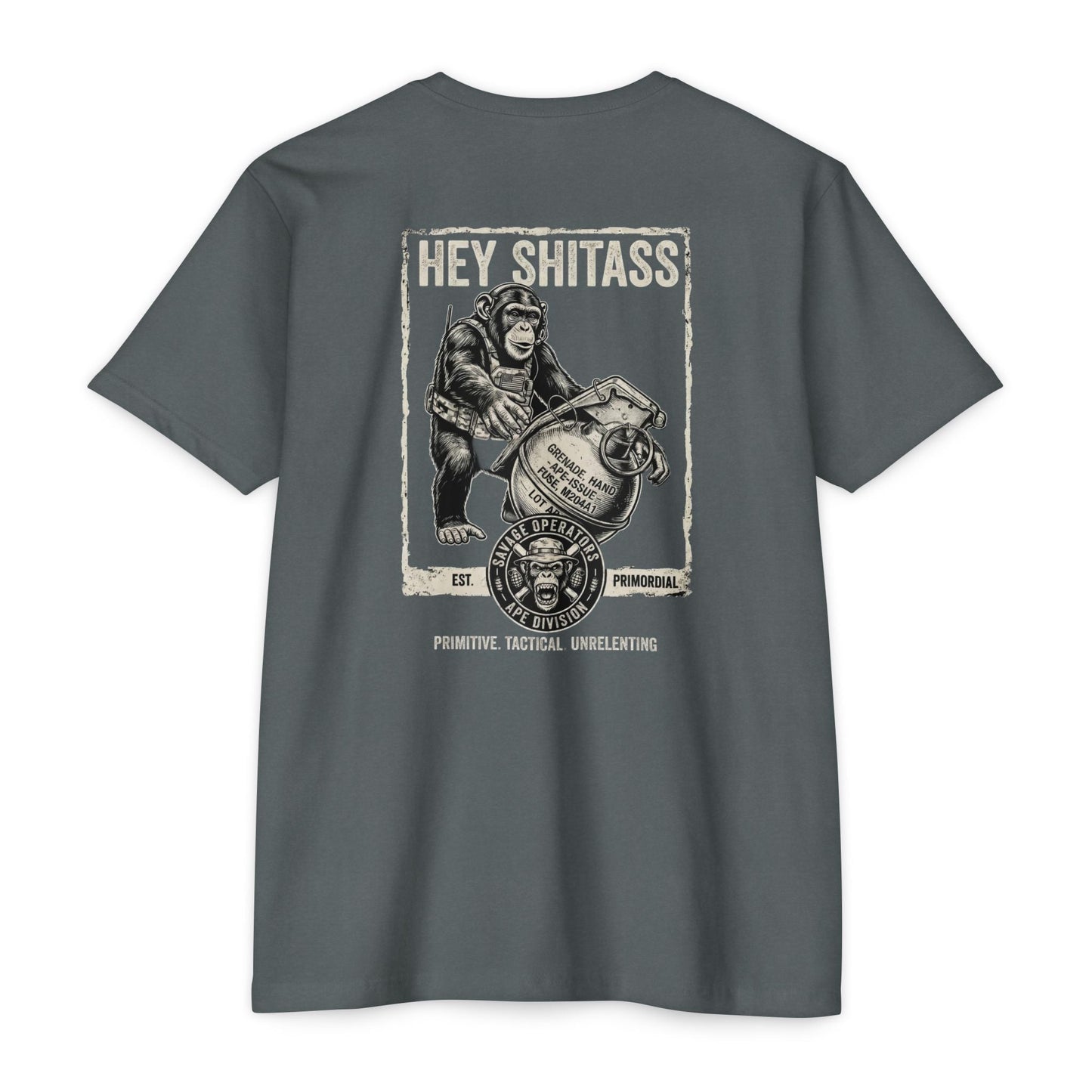 Tactical Ape Grenade Shirt – Savage Operators Back Print Graphic Tee - Savage Operators Tactical Tee | T-Shirt | Savage Operators Clothing | Patriotic Apparel | Military Humor | High Quality Heather Heavy Metal