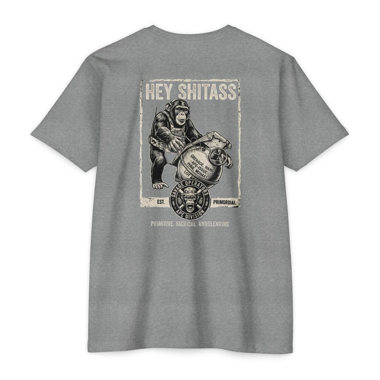 Tactical Ape Grenade Shirt – Savage Operators Back Print Graphic Tee - Savage Operators Tactical Tee | T-Shirt | Savage Operators Clothing | Patriotic Apparel | Military Humor | High Quality Dark Heather Grey
