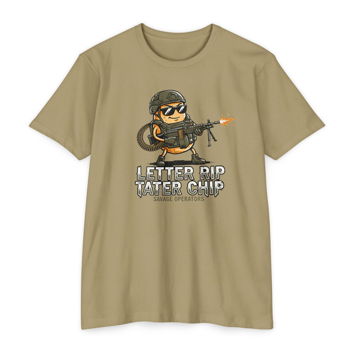 Tactical Chip T-Shirt — “Letter Rip Tater Chip” Funny Military Snack Graphic Tee - Savage Operators Tactical Tee | T-Shirt | Savage Operators Clothing | Patriotic Apparel | Military Humor | High Quality CVC Light Olive