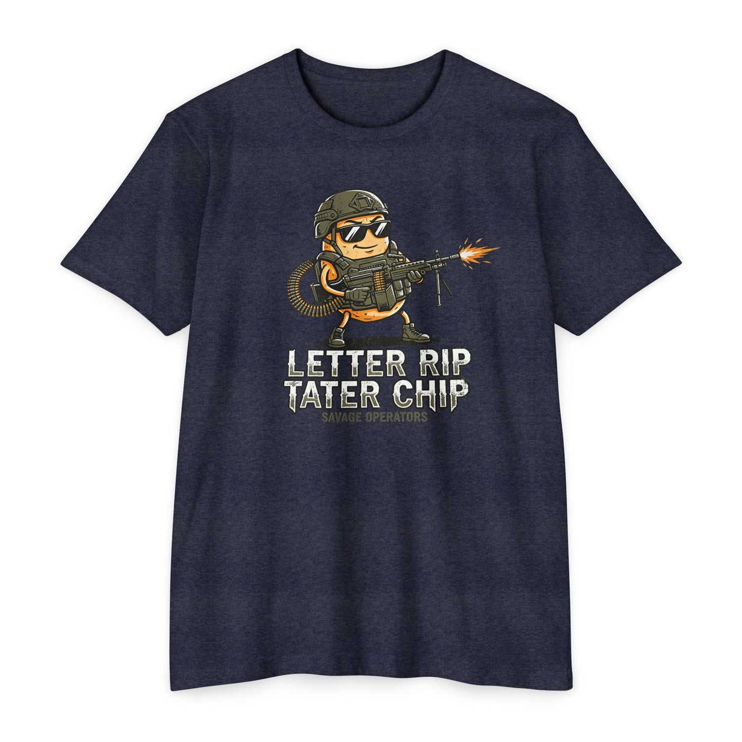 Tactical Chip T-Shirt — “Letter Rip Tater Chip” Funny Military Snack Graphic Tee - Savage Operators Tactical Tee | T-Shirt | Savage Operators Clothing | Patriotic Apparel | Military Humor | High Quality CVC Midnight Navy