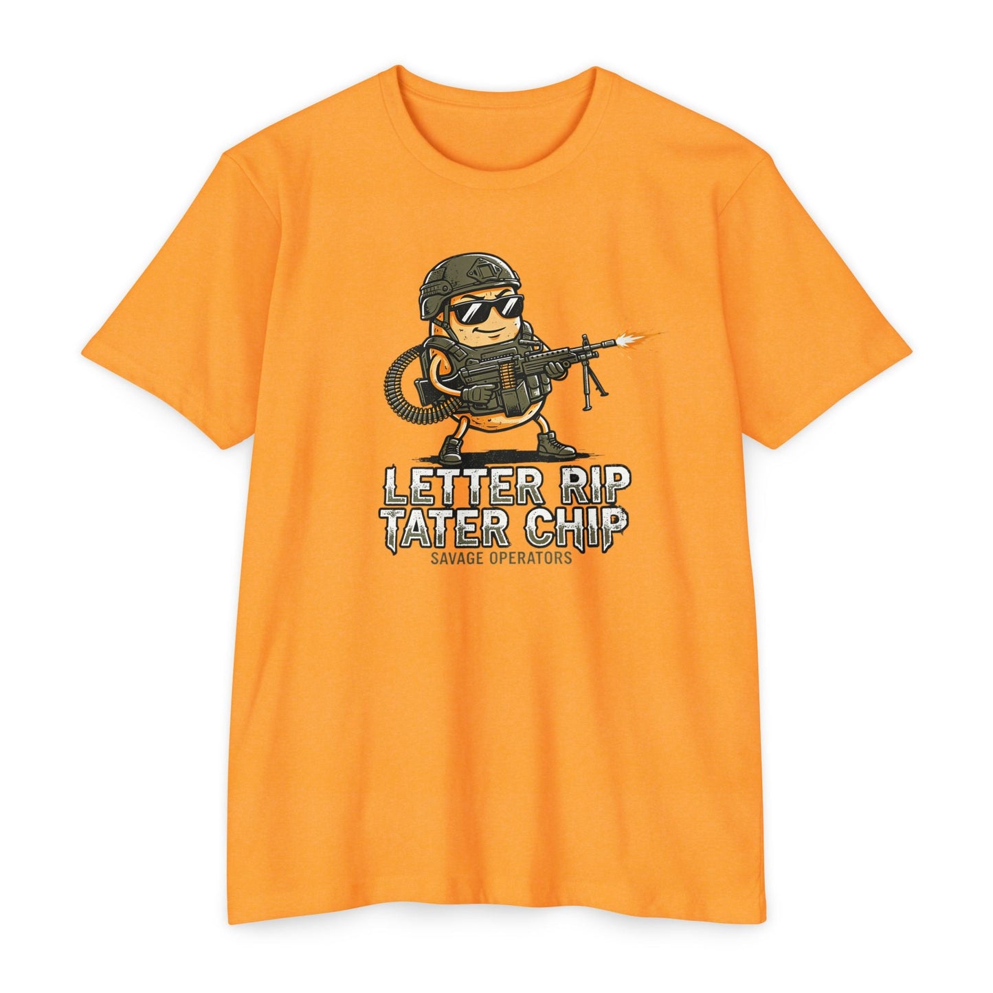 Tactical Chip T-Shirt — “Letter Rip Tater Chip” Funny Military Snack Graphic Tee - Savage Operators Tactical Tee | T-Shirt | Savage Operators Clothing | Patriotic Apparel | Military Humor | High Quality CVC Orange