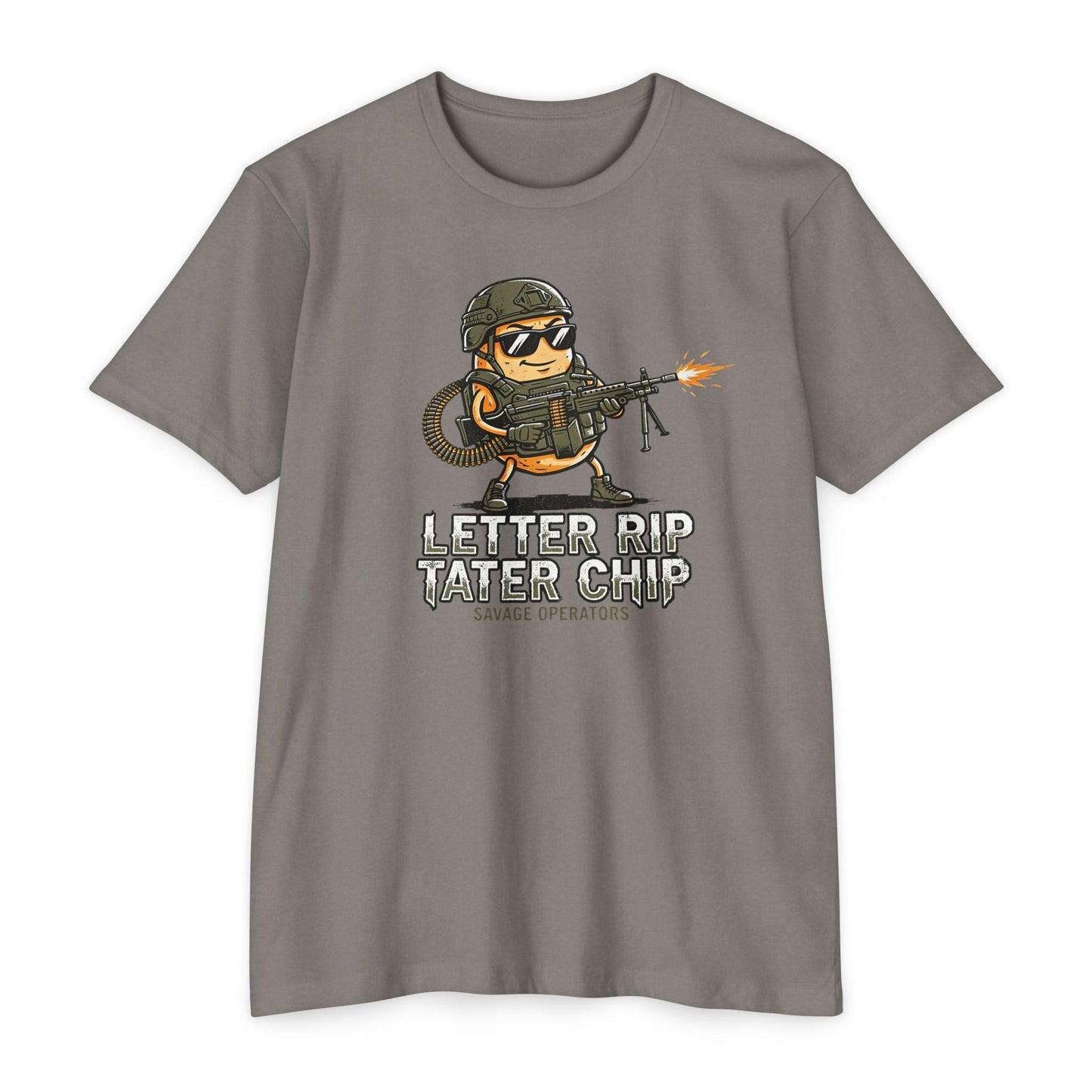 Tactical Chip T-Shirt — “Letter Rip Tater Chip” Funny Military Snack Graphic Tee - Savage Operators Tactical Tee | T-Shirt | Savage Operators Clothing | Patriotic Apparel | Military Humor | High Quality CVC Stone Gray