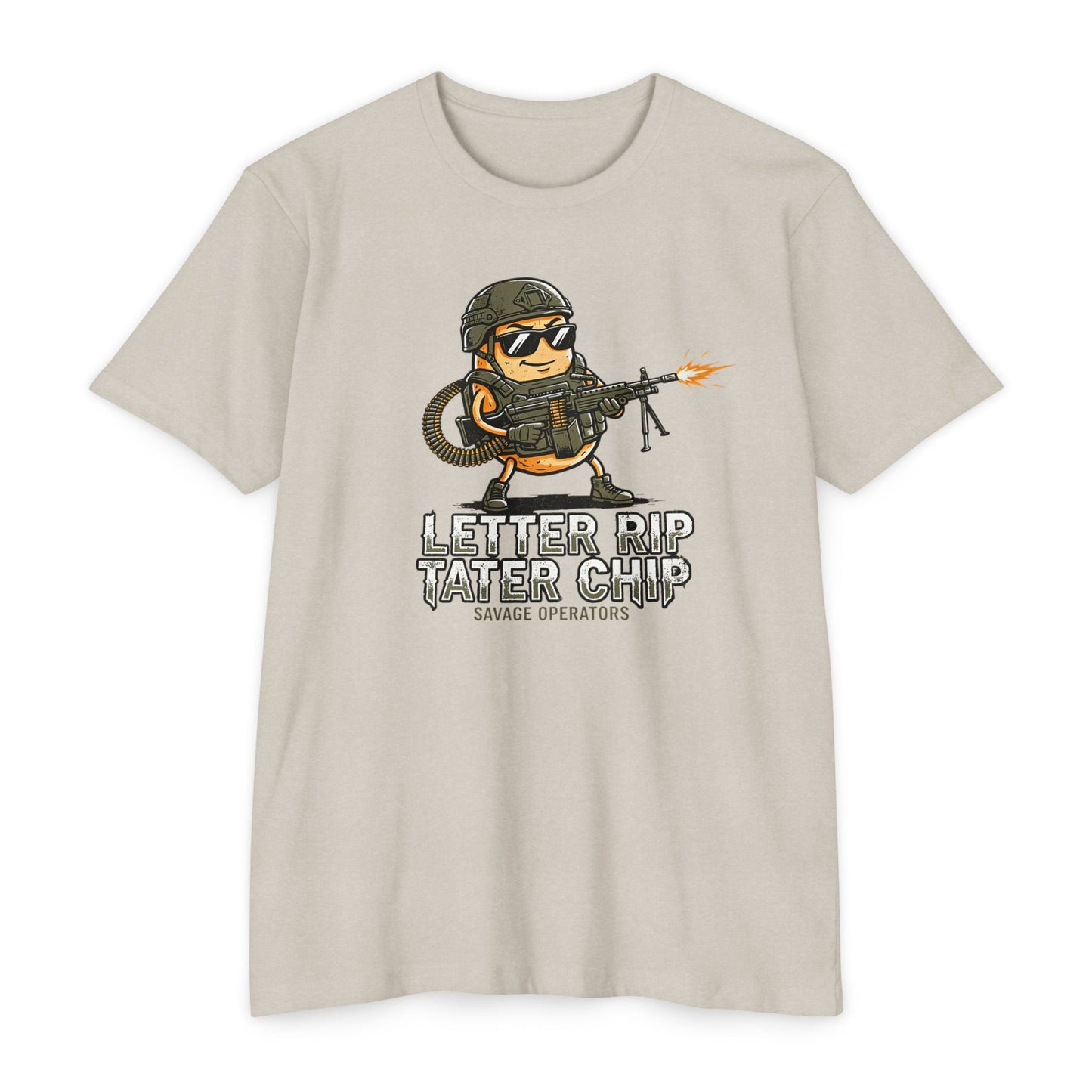 Tactical Chip T-Shirt — “Letter Rip Tater Chip” Funny Military Snack Graphic Tee - Savage Operators Tactical Tee | T-Shirt | Savage Operators Clothing | Patriotic Apparel | Military Humor | High Quality CVC Sand