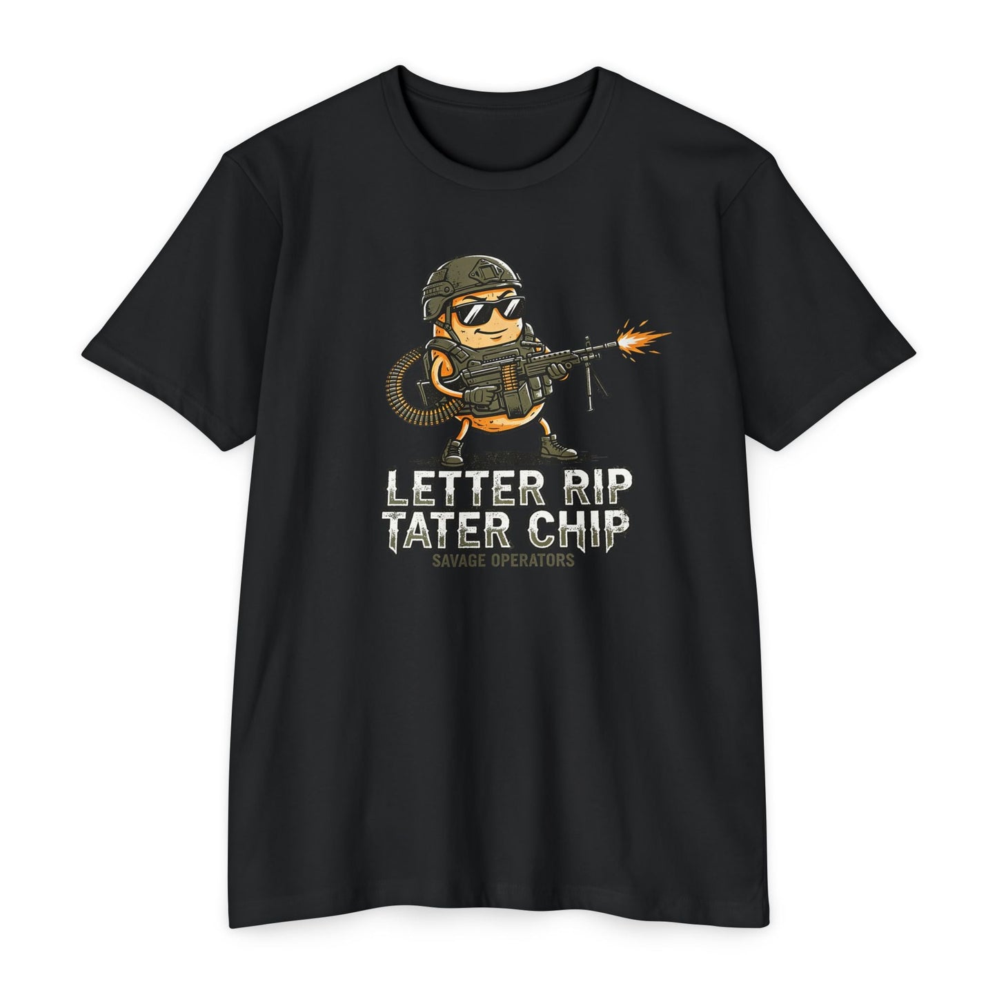 Tactical Chip T-Shirt — “Letter Rip Tater Chip” Funny Military Snack Graphic Tee - Savage Operators Tactical Tee | T-Shirt | Savage Operators Clothing | Patriotic Apparel | Military Humor | High Quality CVC Black