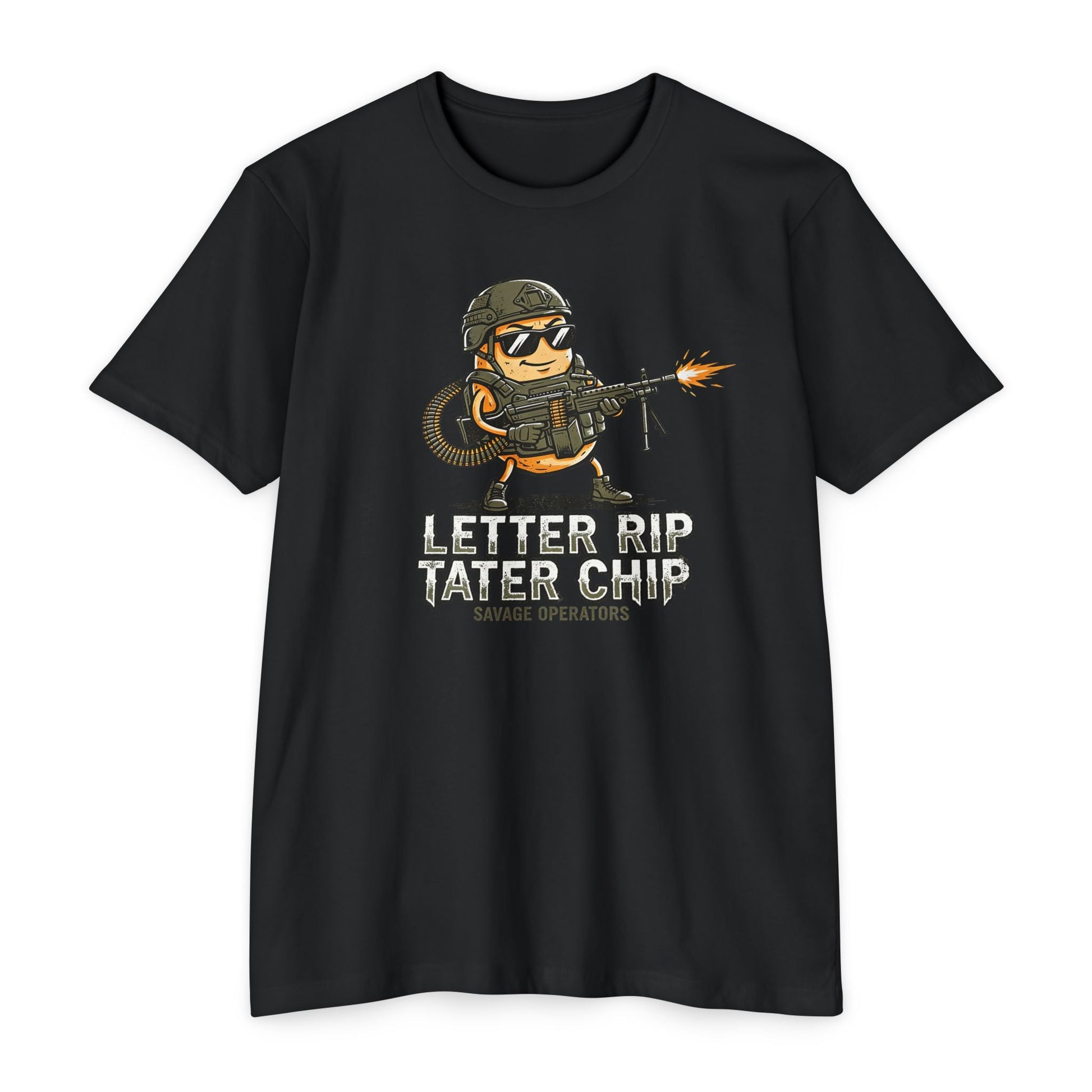 Tactical Chip T-Shirt — “Letter Rip Tater Chip” Funny Military Snack Graphic Tee - Savage Operators Tactical Tee | T-Shirt | Savage Operators Clothing | Patriotic Apparel | Military Humor | High Quality CVC Black