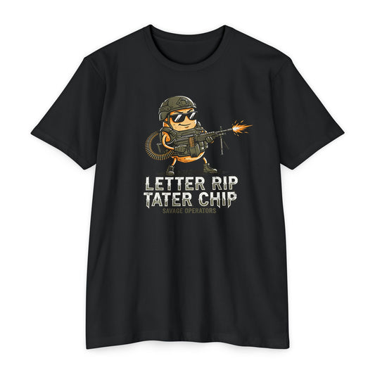 Tactical Chip T-Shirt — “Letter Rip Tater Chip” Funny Military Snack Graphic Tee - Savage Operators Tactical Tee | T-Shirt | Savage Operators Clothing | Patriotic Apparel | Military Humor | High Quality CVC Black