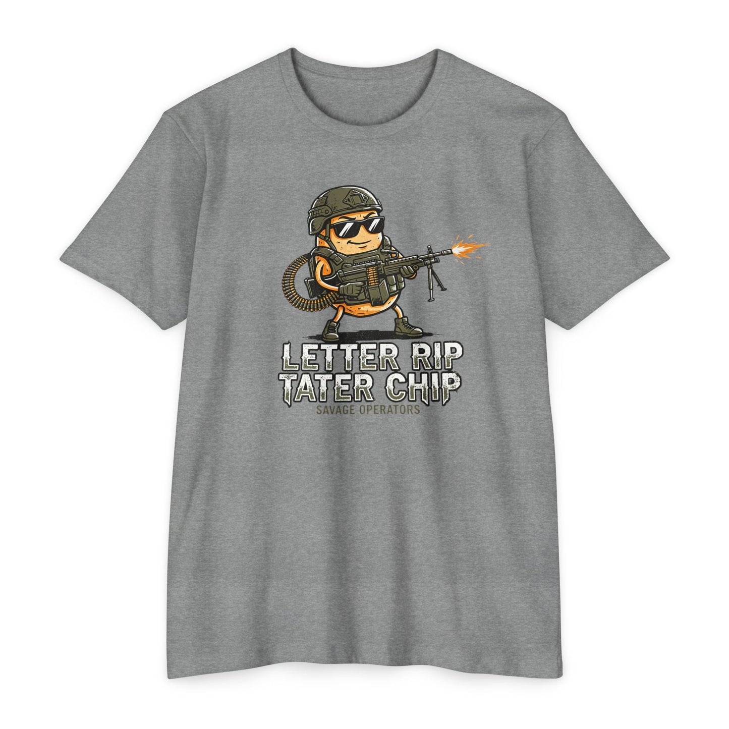 Tactical Chip T-Shirt — “Letter Rip Tater Chip” Funny Military Snack Graphic Tee - Savage Operators Tactical Tee | T-Shirt | Savage Operators Clothing | Patriotic Apparel | Military Humor | High Quality Dark Heather Grey