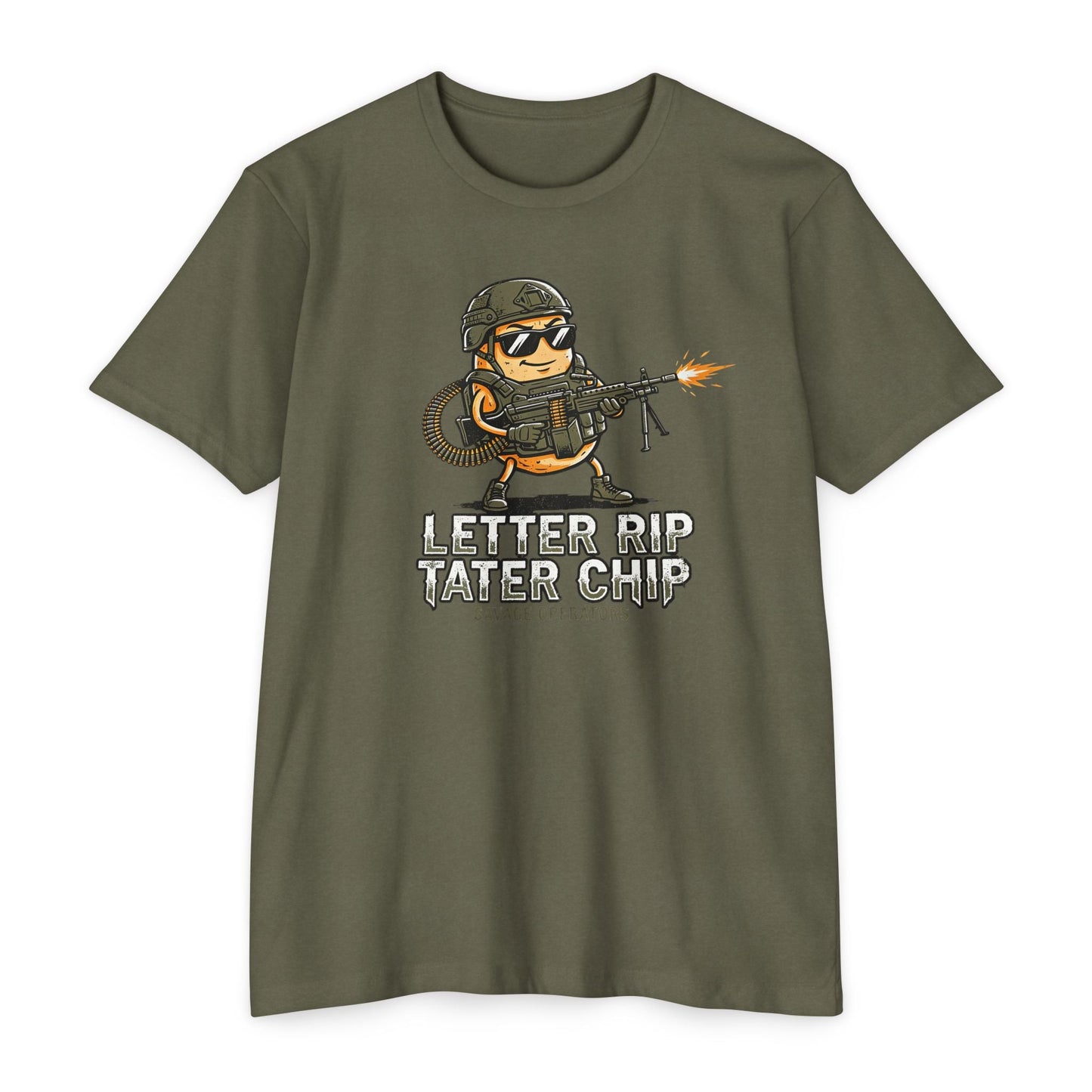 Tactical Chip T-Shirt — “Letter Rip Tater Chip” Funny Military Snack Graphic Tee - Savage Operators Tactical Tee | T-Shirt | Savage Operators Clothing | Patriotic Apparel | Military Humor | High Quality CVC Military Green