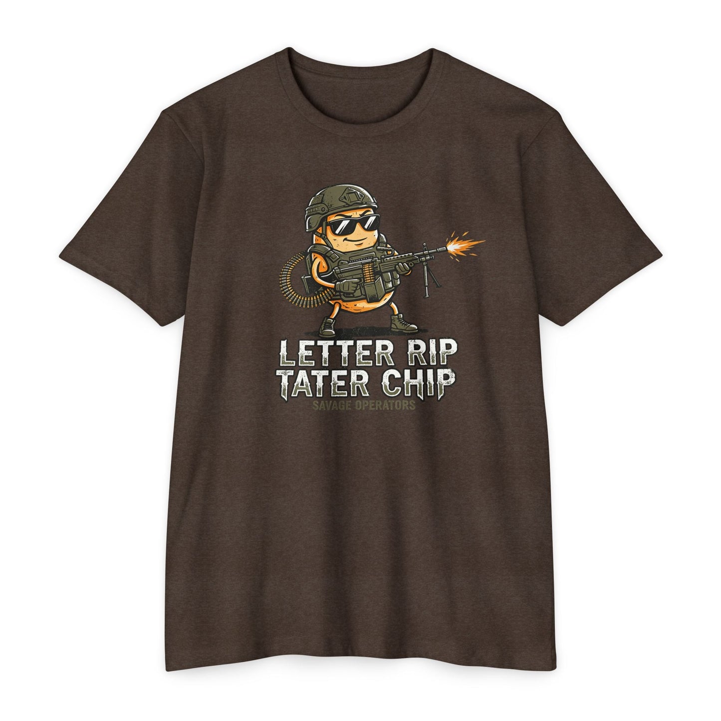 Tactical Chip T-Shirt — “Letter Rip Tater Chip” Funny Military Snack Graphic Tee - Savage Operators Tactical Tee | T-Shirt | Savage Operators Clothing | Patriotic Apparel | Military Humor | High Quality CVC Espresso