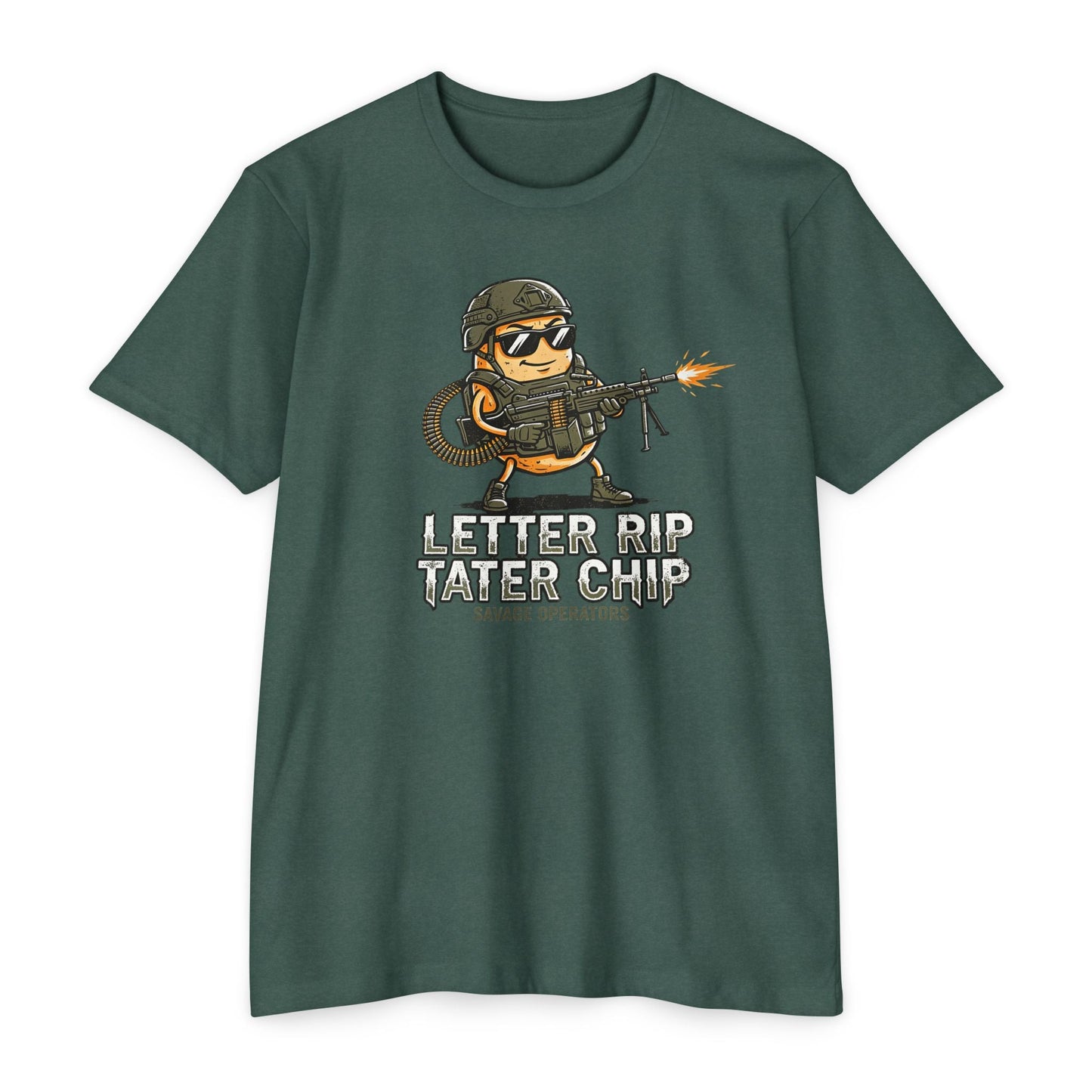 Tactical Chip T-Shirt — “Letter Rip Tater Chip” Funny Military Snack Graphic Tee - Savage Operators Tactical Tee | T-Shirt | Savage Operators Clothing | Patriotic Apparel | Military Humor | High Quality Heather Forest Green