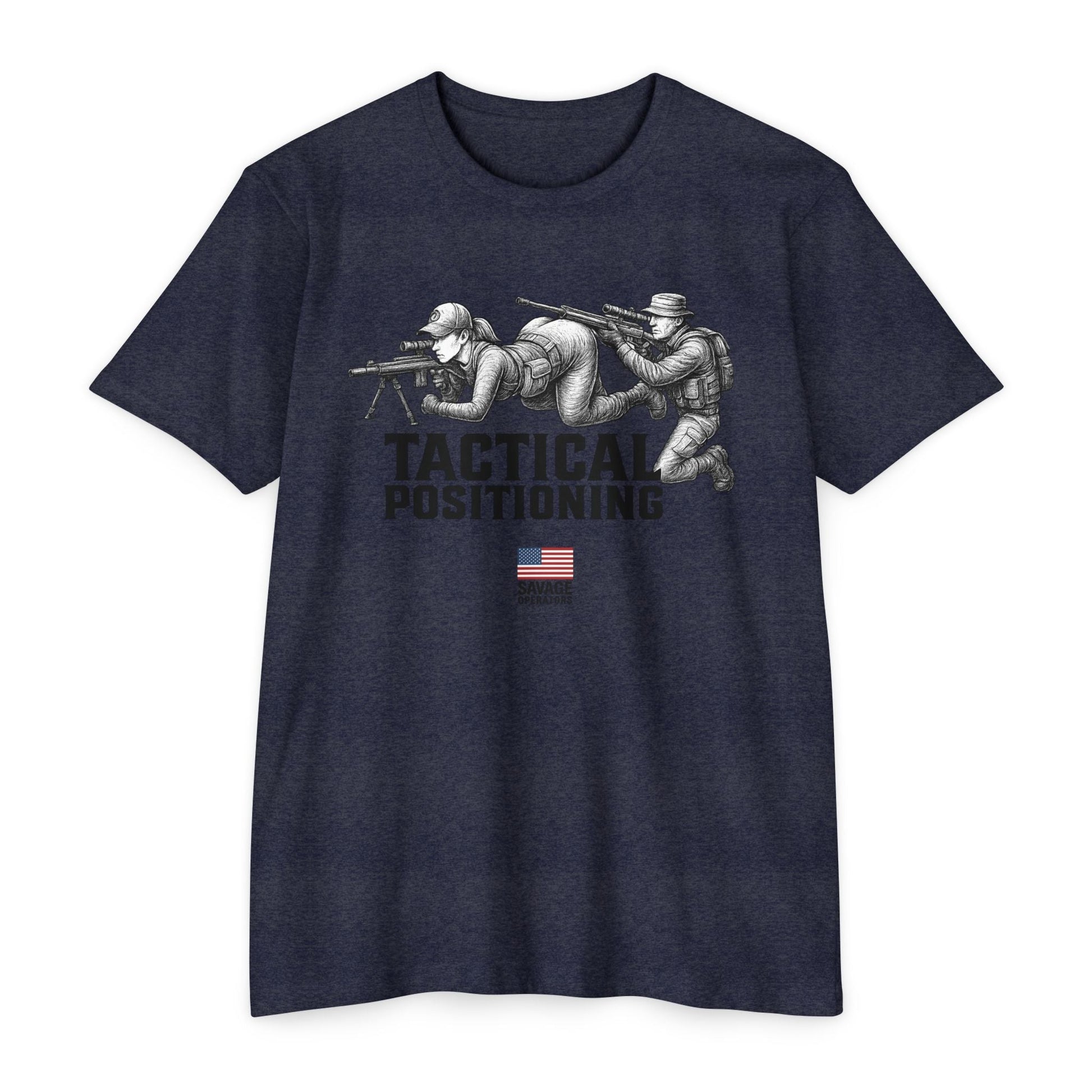 Tactical Positioning – Sniper & Spotter Team Shirt | Savage Operators - Savage Operators Tactical Tee | T-Shirt | Savage Operators Clothing | Patriotic Apparel | Military Humor | High Quality CVC Midnight Navy