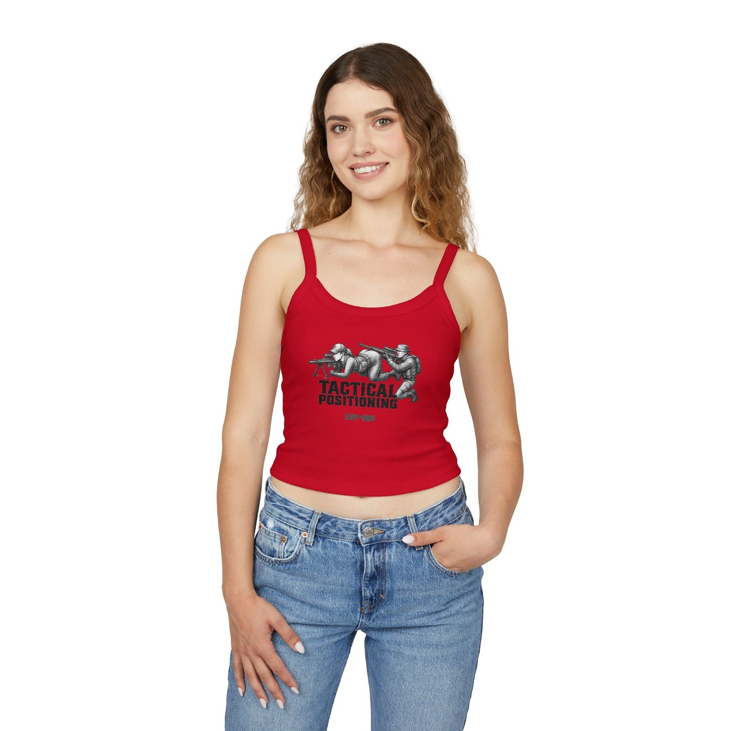 Tactical Positioning Women’s Crop Tank | SavOps Graphic Tee - Savage Operators Tactical Tee | Tank Top | Savage Operators Clothing | Patriotic Apparel | Military Humor | High Quality Solid Red Blend