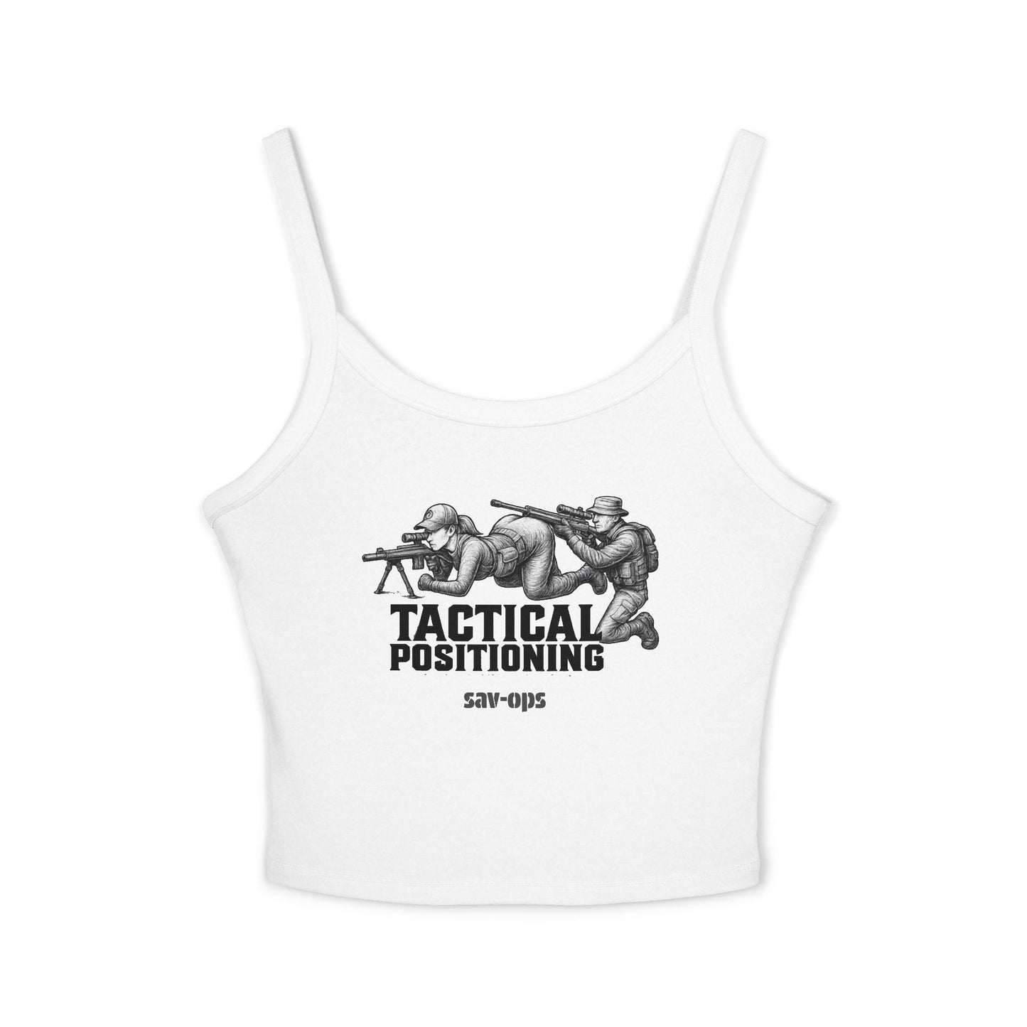 Tactical Positioning Women’s Crop Tank | SavOps Graphic Tee - Savage Operators Tactical Tee | Tank Top | Savage Operators Clothing | Patriotic Apparel | Military Humor | High Quality Solid White Blend