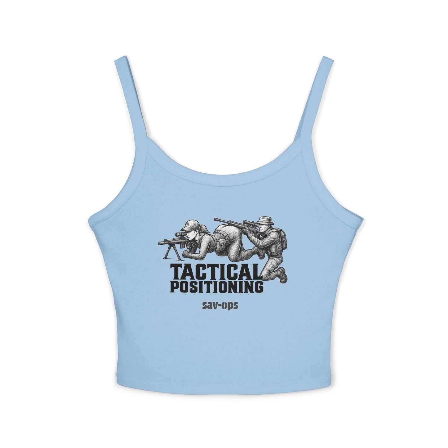 Tactical Positioning Women’s Crop Tank | SavOps Graphic Tee - Savage Operators Tactical Tee | Tank Top | Savage Operators Clothing | Patriotic Apparel | Military Humor | High Quality Solid Baby Blue Blend
