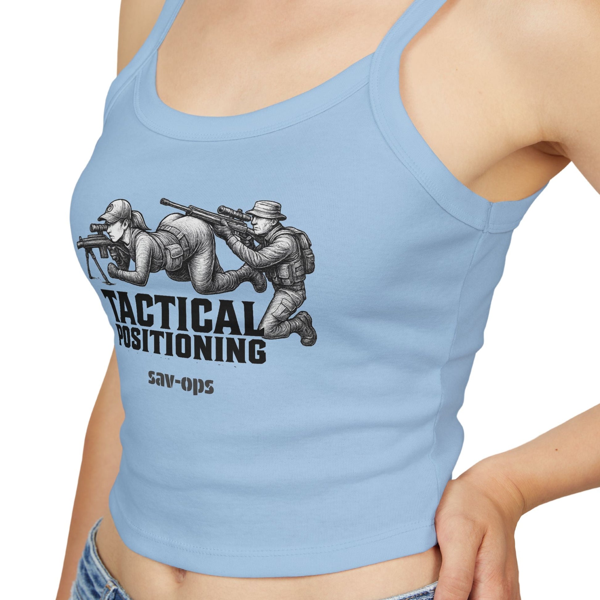 Tactical Positioning Women’s Crop Tank | SavOps Graphic Tee - Savage Operators Tactical Tee | Tank Top | Savage Operators Clothing | Patriotic Apparel | Military Humor | High Quality Solid Red Blend