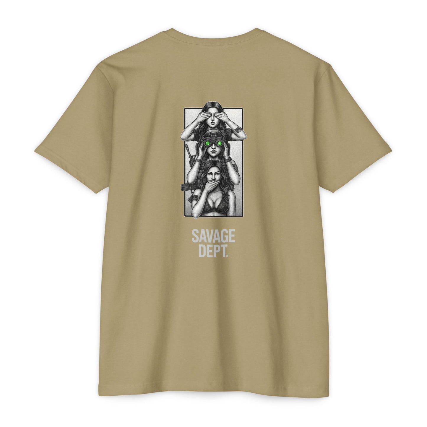 Tactical Silence Tee – See No Evil, Speak No Evil, Night Vision Cool Graphic | Savage Dept. - BACK PRINT - Savage Operators Tactical Tee | T-Shirt | Savage Operators Clothing | Patriotic Apparel | Military Humor | High Quality CVC Light Olive