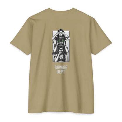 Tactical Silence Tee – See No Evil, Speak No Evil, Night Vision Cool Graphic | Savage Dept. - BACK PRINT - Savage Operators Tactical Tee | T-Shirt | Savage Operators Clothing | Patriotic Apparel | Military Humor | High Quality CVC Light Olive