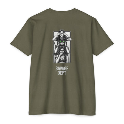Tactical Silence Tee – See No Evil, Speak No Evil, Night Vision Cool Graphic | Savage Dept. - BACK PRINT - Savage Operators Tactical Tee | T-Shirt | Savage Operators Clothing | Patriotic Apparel | Military Humor | High Quality CVC Military Green