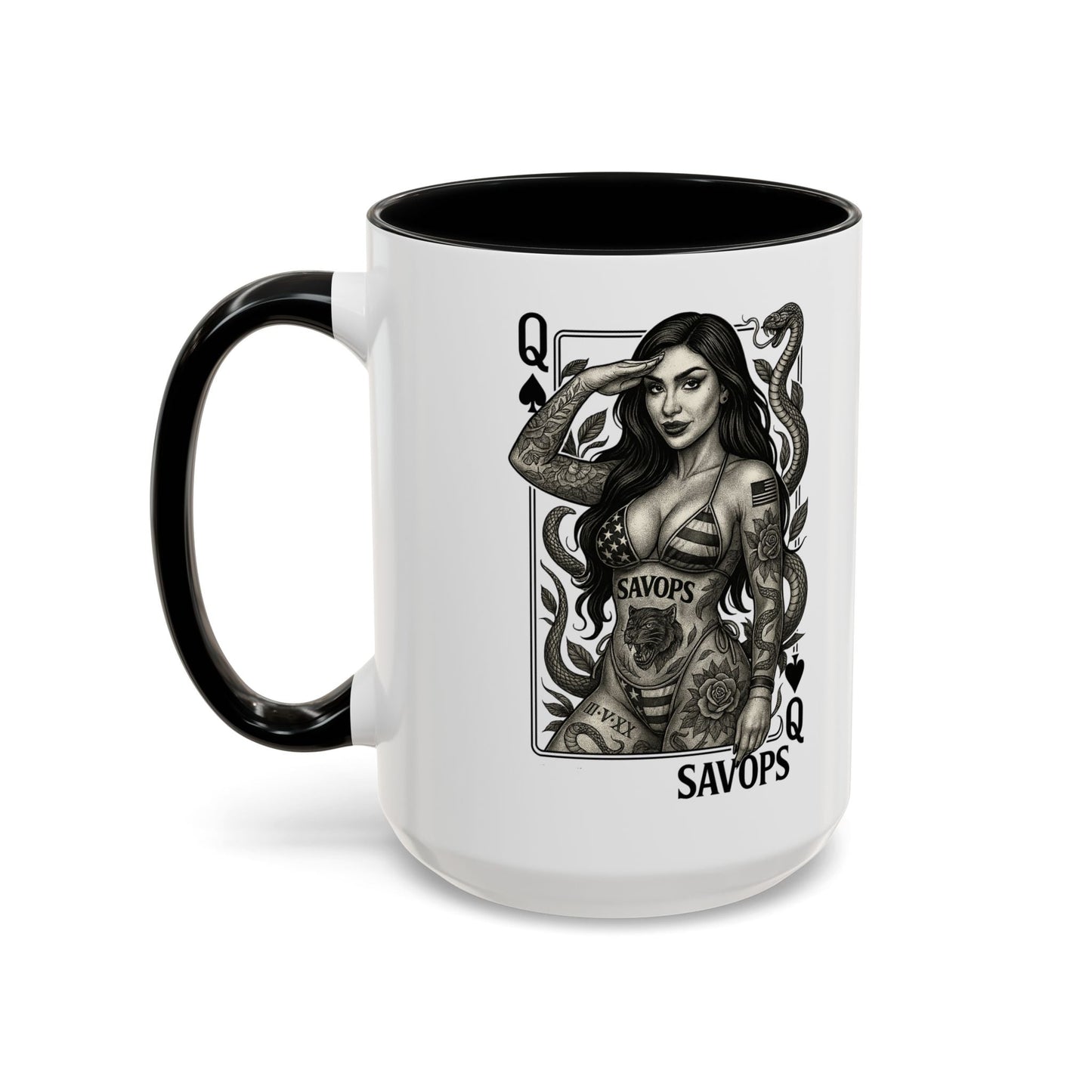 Tattooed Queen of spades Accent Coffee Mug — Savops Pin - Up Art - Savage Operators Tactical Tee | Mug | Savage Operators Clothing | Patriotic Apparel | Military Humor | High Quality 15oz
